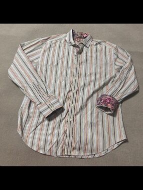 Robert Graham Stripe Paisley Floral Flip Cuff Button Long Sleeve Shirt -Size 2XL